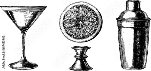 Vintage cocktails engraving set with martini glass and shaker for bar design