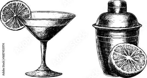 Engraved cocktail illustration set with martini glass and shaker for retro design