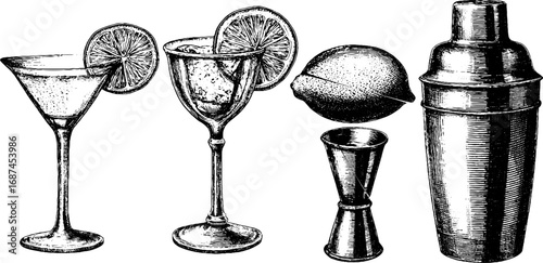 Vintage cocktail illustration set featuring martini glasses and bar tools for retro designs