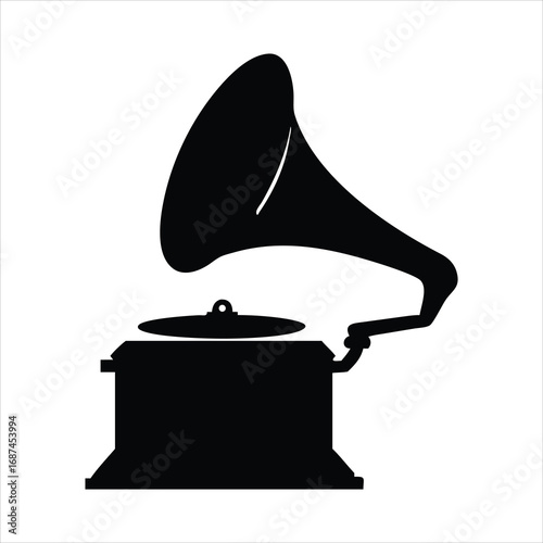 Black silhouette of a vintage gramophone on a white background