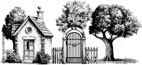 Charming cottage with chimney and tree - vintage engraved illustration set for design