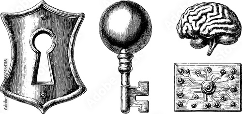 Cyber security concept engraved set featuring keyhole, key, brain, and circuit board