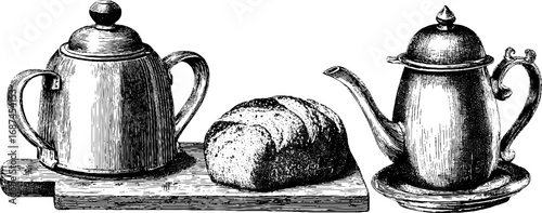 Countryside kitchen collection: vintage engraved tea and bread set for retro home decor