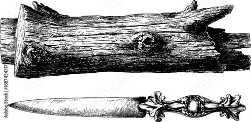 Driftwood carving and knife engraving set - vintage hand drawn illustration