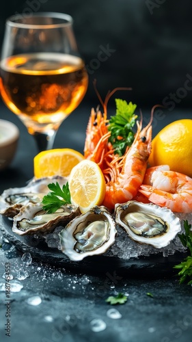 Exquisite seafood platter with oysters, shrimp, and lemon