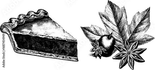 Vintage engraving of apple pie slice with apples and anise for retro kitchen decor