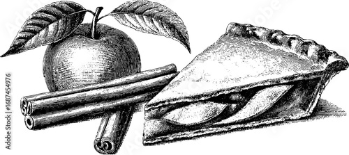 Vintage engraved illustration set of apple pie slice with cinnamon sticks for culinary art and design
