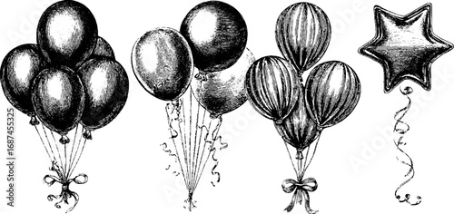 Vintage hand drawn balloon bunch collection for party decorations and celebrations