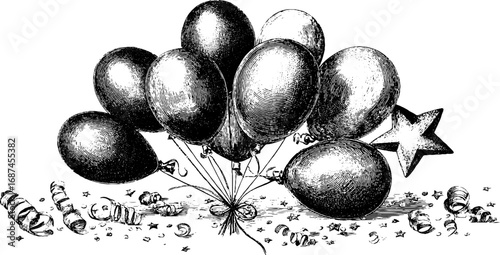 Vintage balloon bunch engraving for celebration design and decoration