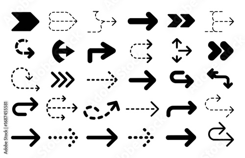 Collection of Diverse Arrow Icons in Black and White