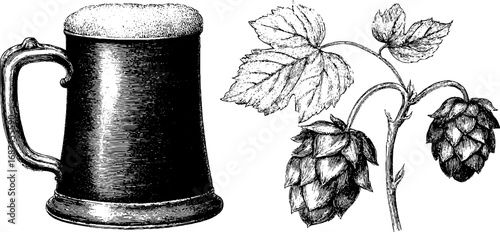 Vintage engraved illustration set of beer mug and barley for retro design