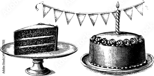 Vintage birthday cake and slice engraved illustration set for festive design