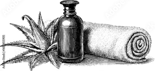 Engraved illustration set of body lotion bottle with aloe and towel for skincare design