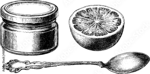 Engraved set of body scrub jar, citrus slice, and spoon for beauty products design