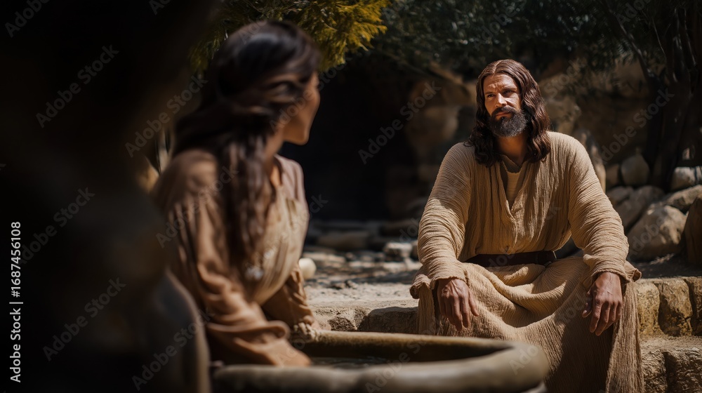 Fototapeta premium Jesus sits by a stone well at midday, speaking to a woman with warmth and insight, embodying compassion, revelation, and the transformative power of faith.