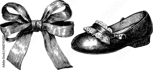 Vintage bridal shoe and ribbon engraving - retro design for wedding decor
