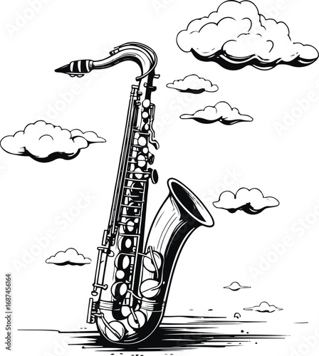 Black and white line art of a saxophone releasing clouds instead of sound, surreal minimal doodle vector illustration 1