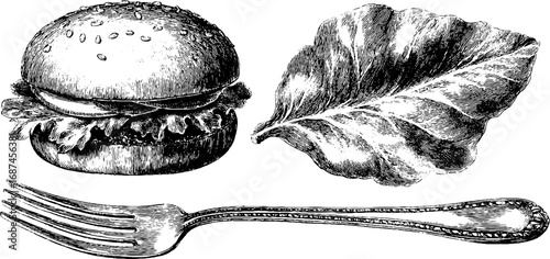 Engraved culinary utensils and ingredients collection for vintage kitchen design