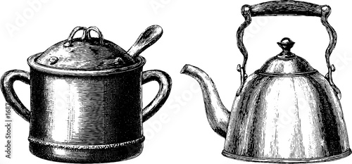 Rustic camping pot and kettle engraving collection for vintage design