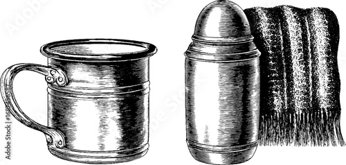 Vintage camping gear collection - engraved mug and thermos illustration for retro designs