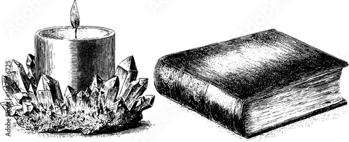 Vintage engraved illustration set of candle with crystals and classic book for retro design