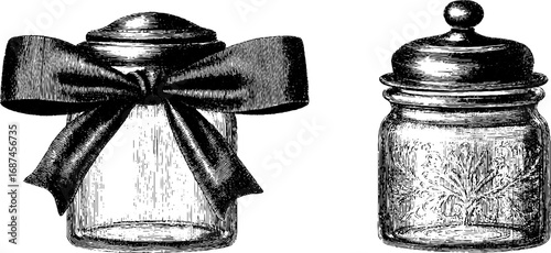 Vintage hand drawn collection of engraved candle jars with decorative ribbon and frost design