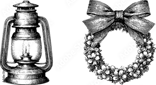 Vintage candle lantern and floral wreath engraving collection for retro design