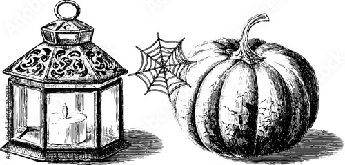 Halloween carved pumpkin and lantern vector engraving for festive decor