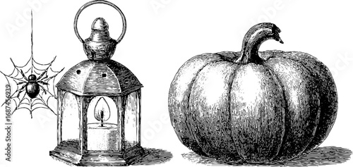 Vintage halloween engraving of carved pumpkin, lantern, and spider
