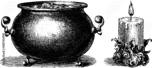 Vintage engraved collection of cauldron and bubbling candle for halloween and occult themes