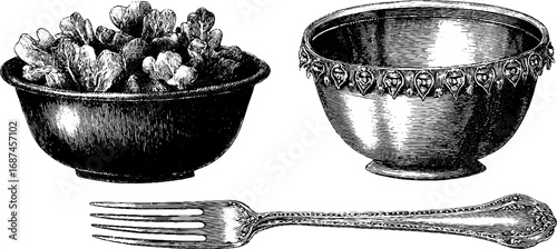 Vintage engraved illustration set of ceramic bowl, salad, and fork design for kitchen decor