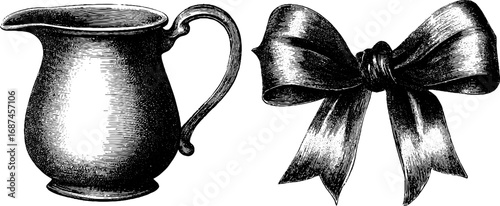 Vintage engraved set of ceramic jug and bow illustration for retro decor