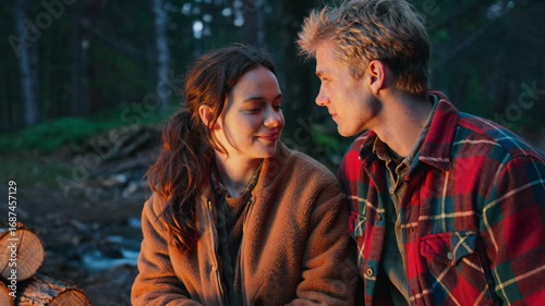 Young couple sharing romantic moments by campfire in forest