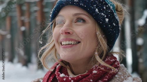 Woman wearing winter clothes enjoys snowfall in a forest