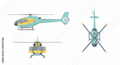 Helicopter Illustration Set: Side, Front, and Top Views on White Background