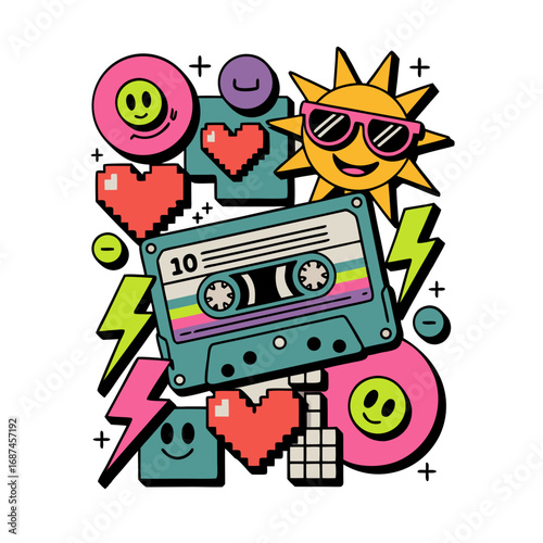 Retro 80s 90s pop culture collage featuring a cassette tape pixelated hearts smiley faces sun and lightning bolts isolated on transparent background