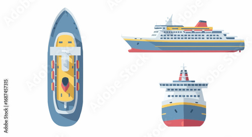 Cruise ship illustrations set, ferry boat side, top and front view isolated on white