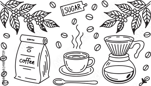 Detailed Coffee Illustration with Beans, Cup, and Brewing Equipment in Black and White Outline