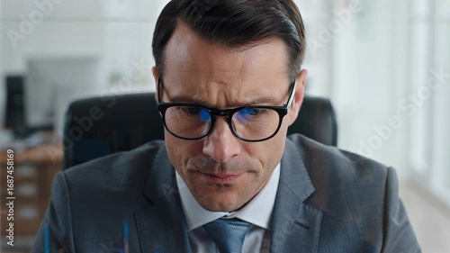 Pensive businessman analyzing data on computer screen in office