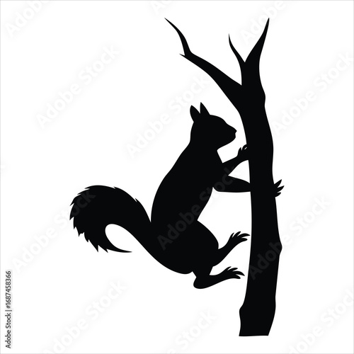 Black silhouette of a squirrel climbing a tree trunk