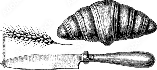 Vintage culinary set with croissant, wheat, butter knife engraving for kitchen art