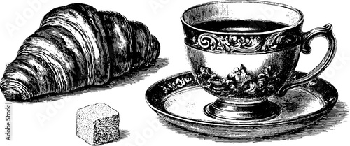 Classic breakfast elements: croissant with ornate coffee cup - vintage engraving for café decor