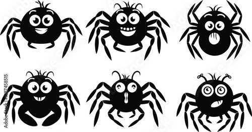 Cute Cartoon Spider Silhouette Vector Set – Funny Halloween Characters 