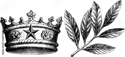 Vintage engraved illustration set of crown motif and laurel leaves for decoration and design