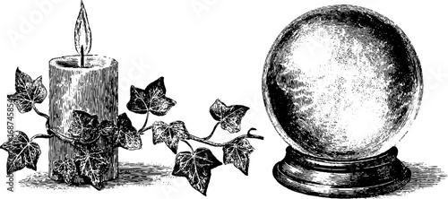 Engraved illustration set featuring crystal ball and candle with ivy for mystical designs