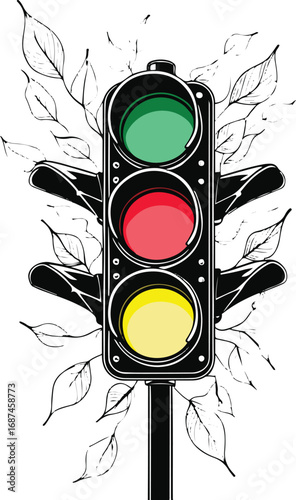 Black and white line art of a traffic light glowing with leaves instead of colors, minimal surreal doodle vector