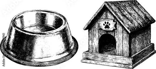 Vintage engraved set of dog house and water bowl illustration for retro design