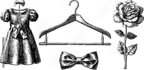 Vintage engraved collection of dress with bow, hanger, and rose design for fashion inspiration