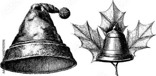 Vintage engraving of elf hat and jingle bell with holly leaves for holiday decor