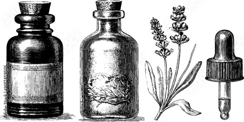 Vintage engraved illustration set of essential oil bottles with botanical elements